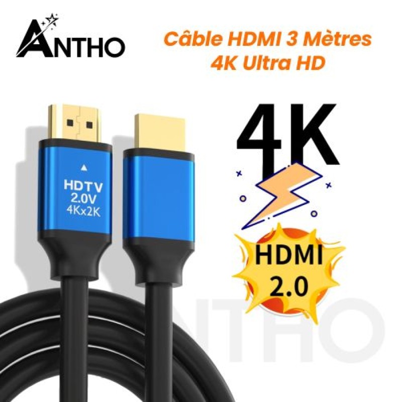 CABLE HDMI 3 MÈTRES 4K NOIR BLINDE